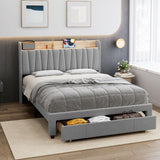 Garvee Upholstered Bed Frame with Storage Headboard, Drawers, Charging Station, Full Size, Linen Fabric - Light Gray