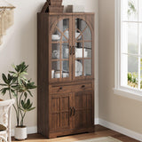 Garvee Farmhouse Pantry Cabinet 71.9" Tall Freestanding Kitchen Cabinet with Tempered Glass Doors Retro Brown for Kitchen Dining Room Living Room