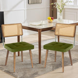 Garvee Natural Rattan Dining Chair Velvet Upholstered Kitchen Chair Tall Cane Backrest Strong Wood Legs Dining Room Green - Green