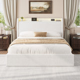 Garvee Queen Size Boucle Bed Frame With Storage Headboard Charging Station LED Lights White - White