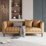 Garvee Brown Faux Leather Couch 3 Seater Sofa With 2 Throw Pillows And Wood Legs For Living Room Bedroom Office 83" W - Brown