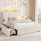 Garvee LED Full Size Bed Frame with Storage Headboard, Kids Bed Frame with 2 Drawers, Boucle Upholstered Platform Bed for Girls, White