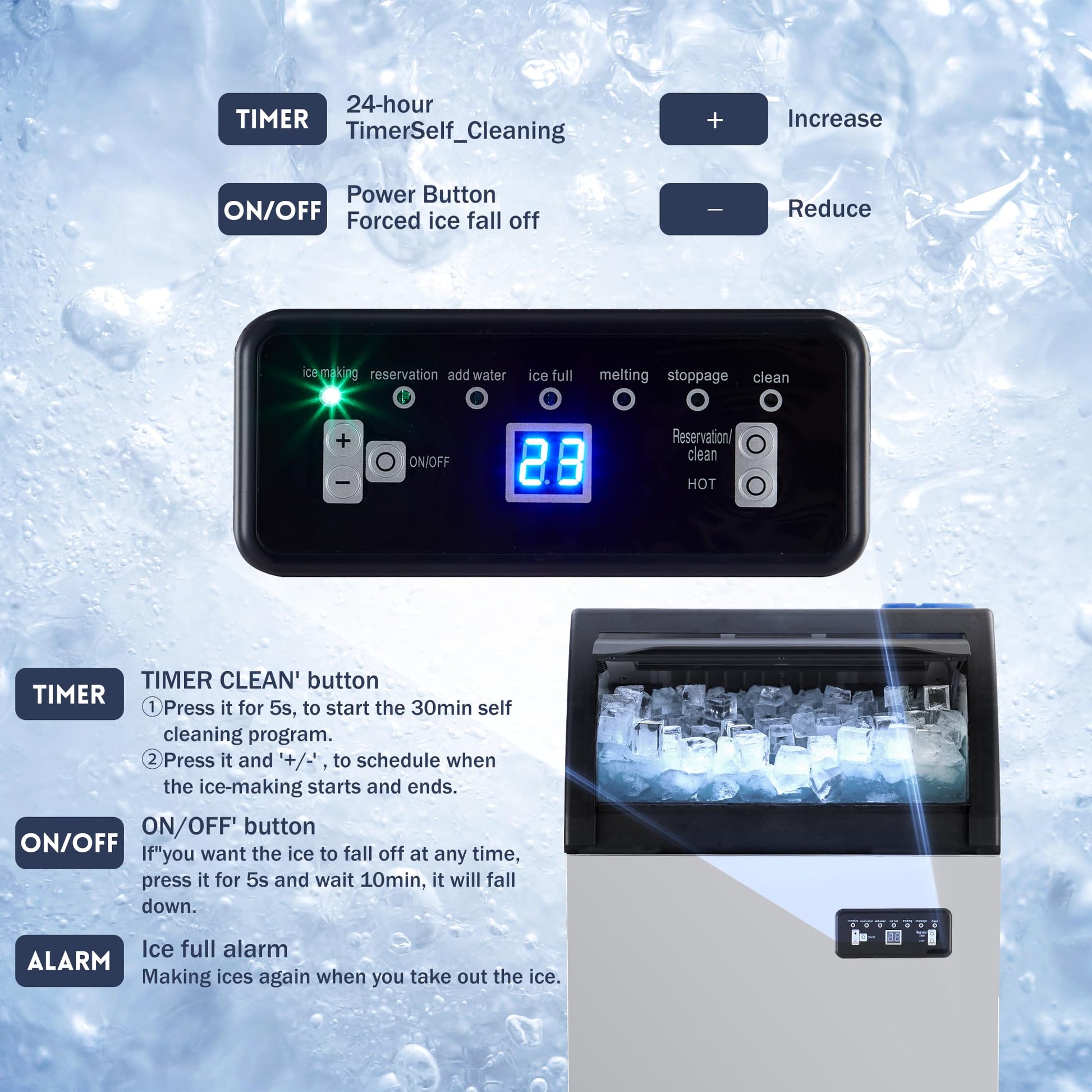 Garvee High-Efficiency Commercial Ice Maker Machine – 100lbs/24H, 33lbs Storage, Stainless Steel, Under Counter, Self-Cleaning, Dual Water Inlet, LED, Fast 45pcs Clear Ice, for Bar, Restaurant, Office, Silver Black