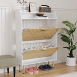 Garvee Slim Shoe Cabinet With 2 Flip Drawers Adjustable Shelves For Entryway Hallway Small Apartments Modern White Wood Effect Gold Handles Steel Legs