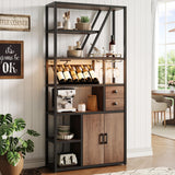 Garvee Wine Bar Cabinet with LED Lights, Power Outlets, Wine Rack for Kitchen and Living Room, Tall Coffee Bar Station, Adjustable Shelves, Black