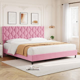 Garvee Upholstered King Size Bed Frame With Adjustable Velvet Headboard, Wooden Slats Support, Noise Free, Pink, Modern King Platform Bedframe - Pink