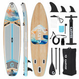 Garvee Inflatable Stand Up Paddle Board 10'6" with Premium Accessories, Anti-Slip EVA Deck, 450LB Capacity, Wide Stable Design, Blue-White Wave - Gradient Light Wood Grain