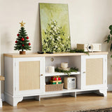 Garvee Rattan TV Stand for 65 in TV, Boho Entertainment Center with Cabinets & Open Shelves, White, 61.81x15.75x23.62 in - White