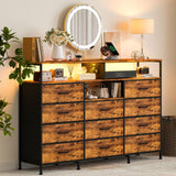 Garvee Dresser with 11 Fabric Drawers, Power Outlet & LED Lights, 55" TV Stand for Bedroom, Closet, Entryway, Wooden Top, Multi-Color LED - Brown