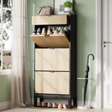 Garvee Shoe Cabinet with 3 Flip Doors & 1 Drawer, Slim Wooden Shoe Rack for Entryway, Black+Oak, Large Capacity, Modern Farmhouse Design
