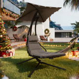 Garvee Chaise Lounger Swing Chair with Umbrella Canopy, Curved Steel Frame, Outdoor Patio Pool Garden, 74.8in x 45.3in x 78.7in, Black