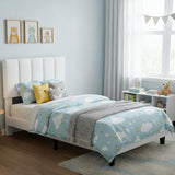 Garvee Bed Frame Twin Size with Adjustable Height Vertical Channel Tufted Headboard, Upholstered Platform Bed Frame, White, Sturdy Wooden Slats, Noise Free Sleep - White