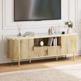 Garvee Luxury 70" Fluted TV Stand with Faux Marble Top, Entertainment Center for TVs Up to 80 Inches, Natural Oak - Natural Oak