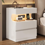 Garvee White Nightstand with App-Controlled LED Light, Charging Station, 3 Drawers, U-Shape Shelf, Modern Bedroom Furniture, White