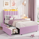 Garvee LED Twin Size Bed Frame with Storage Headboard, Kids Bed Frame with 2 Drawers, Boucle Upholstered Platform Bed for Girls, Purple