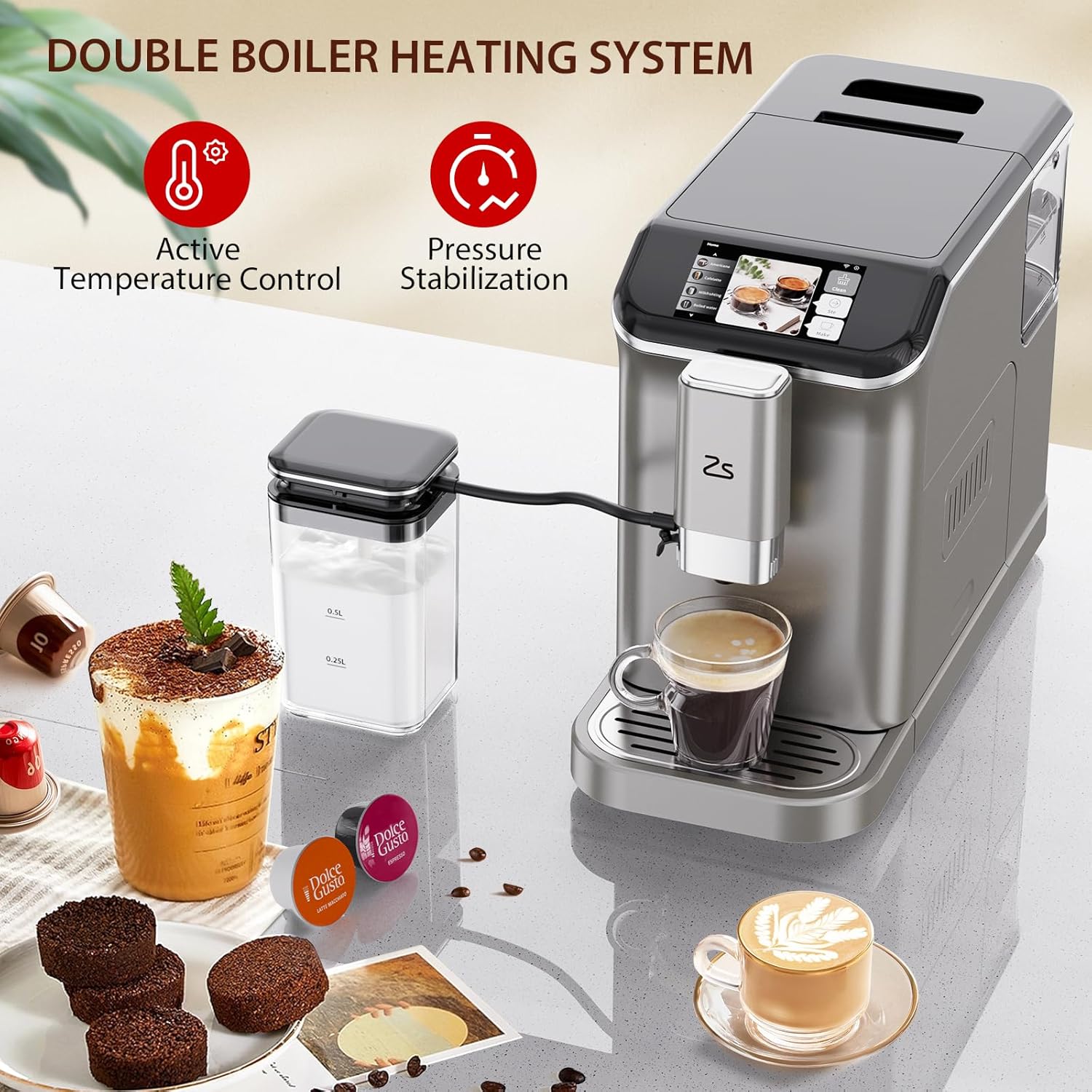 Garvee 20 - Bar Fully Automatic Espresso Machine - Touch Screen, Built - in Frother, Milk Container (Grey)