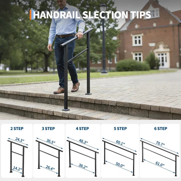Garvee Outdoor Stair Handrail Set for 2 Steps, Aluminum & Iron Posts, Weatherproof Black Finish, Easy Mounting for Entrance Balcony Garden