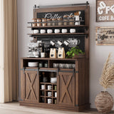 Garvee Bar Cabinet 75 in Tall Coffee Hutch with Sliding Barn Door for Large Kitchens, Oak Texture, Black Metal - Brown-Red