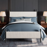 Garvee Full Size Corduroy Upholstered Bed Frame With Vertical Stripes Headboard Vintage Metal Legs White Easy Assembly No Box Spring Needed - Full White