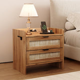 Garvee Rattan Nightstand Bedside Table with Type-C Charging Station, 2 Drawer Storage, Hook Included, Bedroom Office End Table, 23.6"D x 15.35"W x 22"H, Neutral Color - Walnut（2 Drawers）