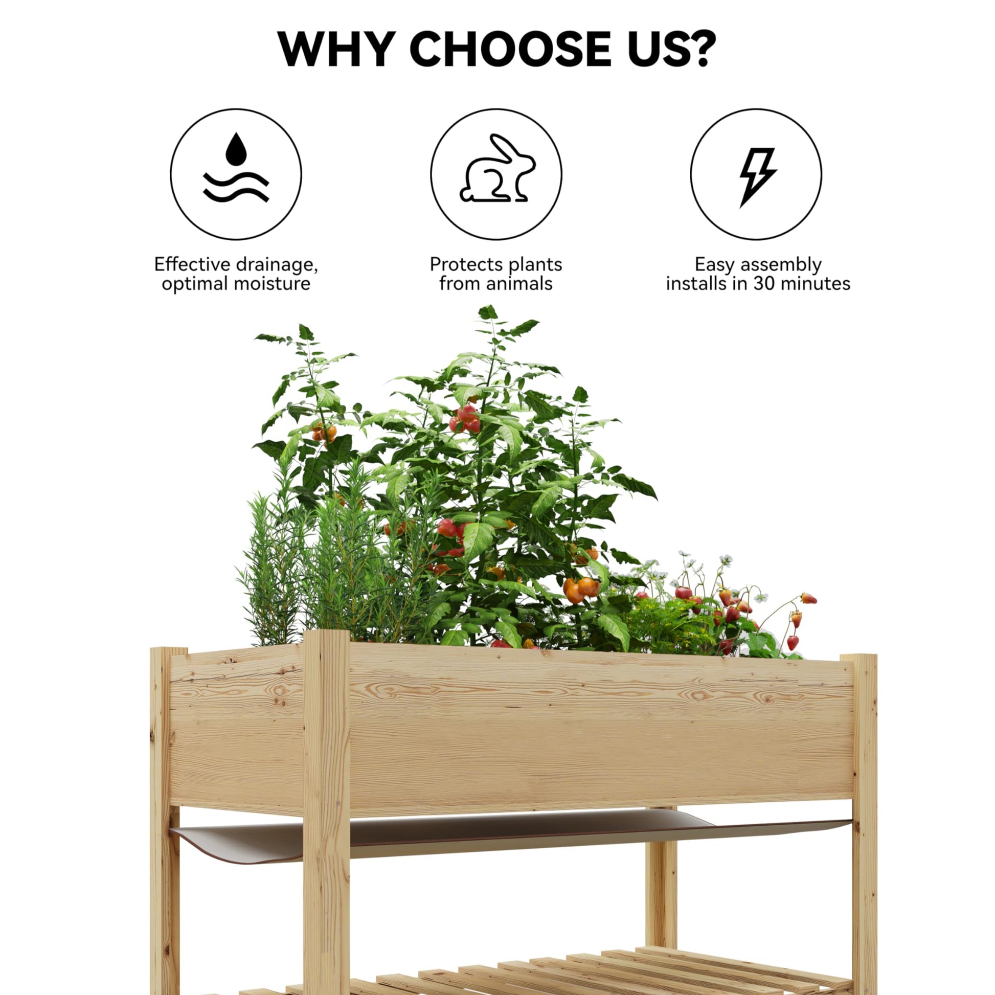 Garvee 48x24x32-Inch Mobile Elevated Garden Bed with Lockable Wheels & Storage Shelf, Tall Wood Planter Box, Acorn Brown