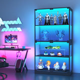 Garvee Glass Display Cabinet 4-Tier With Tempered Glass Doors, 3 Color LED Lights, Human Sensor, Charging Ports For Living Room Bedroom Home Office - Black