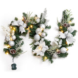 Garvee 6ft Lighted Christmas Garland with 20 LED Lights Silver White Ball Ornaments Pine Cones Bow for Indoor Outdoor Decoration