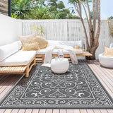 Garvee Outdoor Rug 9x18 ft Waterproof Reversible Plastic Straw Mat for Patio, Camping, RV, Balcony, Backyard - Floral Grey - Floral Grey