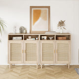 Garvee Set of 2 Sideboard Buffet Cabinet with Rattan Doors, Solid Wood Feet, Anti-Tip Kit, P2 Particleboard, for Kitchen, Dining Room, Living Room - Natural Oak