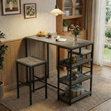 Garvee 3-Piece Kitchen Table Set with Storage Shelves & 2 Bar Stools - Iron and Wood Dining Table for Small Spaces, Grey