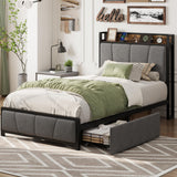 Garvee Twin-XL Platform Bed with 4 Storage Drawers & USB Charging Station, Tufted Linen Upholstered Frame, Bookcase Headboard, Charcoal - Charcoal