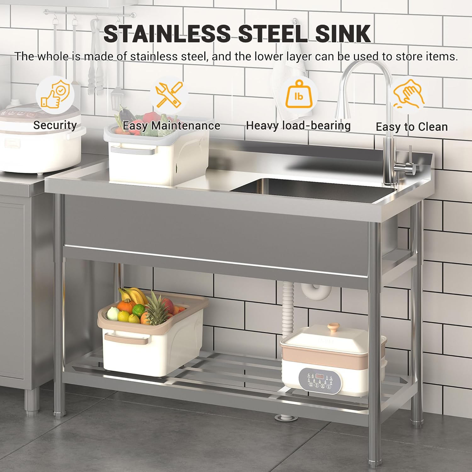 Garvee Évier utilitaire en acier inoxydable 47"L x 20"P x 37"H - Évier simple sur pied avec robinet d'eau chaude et froide pour cuisine, buanderie, restaurant, garage, jardin