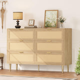 Garvee Rattan 6 Drawer Dresser With Gold Legs And Handles For Bedroom And Living Room, Wide Double Dresser, Natural Color - Natural