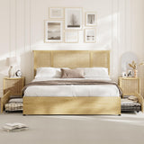 Garvee Queen Size Rattan Headboard Bed Frame With 4 Wooden Storage Drawers, Strong Metal Base Support, Cane Weave Design, Natural Color