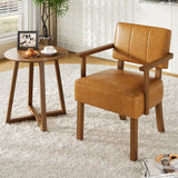 Garvee Mid-Century Accent Chair Wood Frame PU Leather Vertical Stripe Brown Living Room Bedroom Balcony