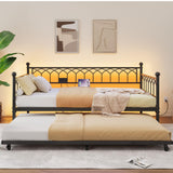 Garvee Daybed with Trundle Metal Twin Bed with Charging Station & LED Lights for Living Room Guest Room Small Spaces Black - Dark Black