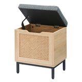 Garvee Rattan Shoe Bench with Storage Soft Cushion Foldable Lid Durable Wood Metal Frame Black Oak for Hallway Bedroom Living Room