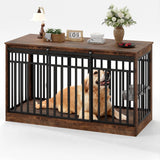 Garvee 55" Large Dog Crate Furniture With Sliding Door And Bowls For Medium & Large Dogs, Rustic Brown, Spacious Durable Metal & Wood Kennel
