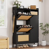 Garvee Shoe Cabinet With 3 Flip Drawers, 4-Tier Storage, Adjustable Shelf & Rattan Doors For Entryway, Closet, Hallway, Narrow, Natural Rattan - Black