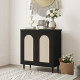 Garvee Rattan Sideboard Buffet Cabinet with Storage Solid Wood Feet for Living Room Hallway Entryway Natural Finish Black - Black