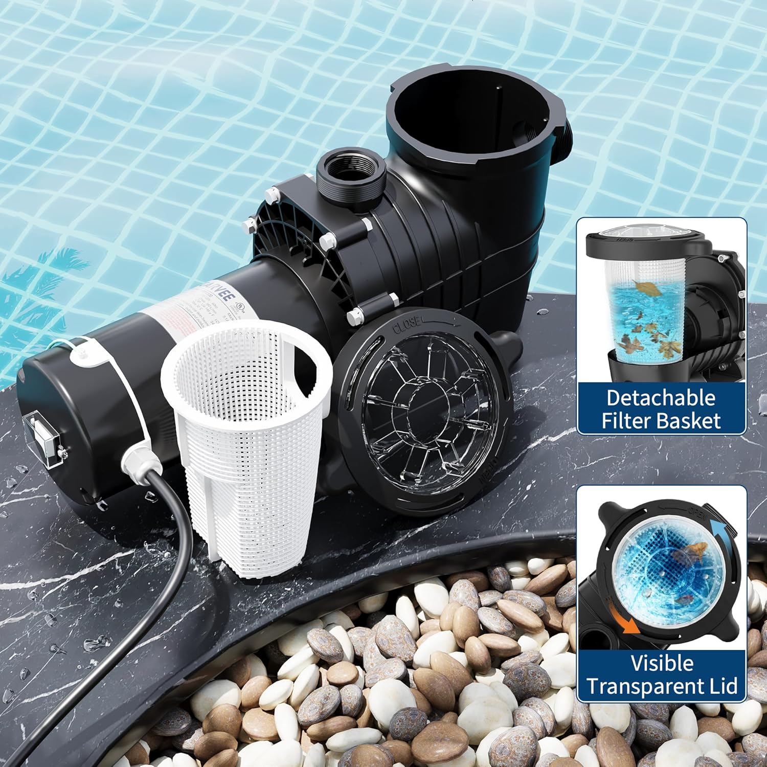 Garvee 2.0 HP Swimming Pool Pump 1500W Dual Voltage with Strainer Basket for Above and Ground Pools, 6800 GPH, Stainless Steel