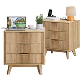 Garvee 24'' Nightstand Set of 2 with Charging Station and 3 Drawers, Mid Century Modern Wood Night Stand for Bedroom, Light Oak - Light Oak