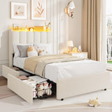 Garvee LED Twin Size Bed Frame with Storage Headboard, 2 Drawers, Boucle Upholstered, White, Kids Bedroom