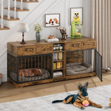 Garvee Wooden Double Dog Crate TV Stand 82" Heavy-Duty 2-Dog Indoor Kennel w/ 4 Drawers & Open Shelves White Brown Black - Brown