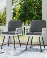 Garvee Patio Dining Chairs Set of 2 Black Metal Frame White Hand-Woven Rattan Porch Armchairs with Cushion for Indoor Garden Balcony Deck Backyard