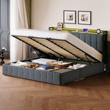 Garvee Queen Bed Frame with Lift Up Storage, Upholstered Velvet, LED Lights, Hydraulic Support, Grey - Grey & Lights