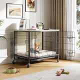 Garvee Enhanced Dog Crate Furniture with Double Doors, Wheels & Pull-Out Tray, Indoor Kennel for Small and Medium Dogs, Modern End Table, Heavy-Duty, Easy Assembly, Black - Grey + Black