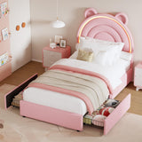 Garvee Princess Twin Size Bed Frame with 4 Storage Drawers & RGB LED Lights for Kids Girls, Solid Wood Slats, Pink - Pink