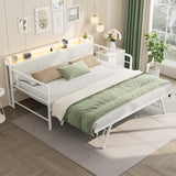 Garvee Twin Daybed with Trundle, Charging Station, LED Light, Corduroy Upholstered Storage Headboard, Heavy Duty Metal Frame, White, Living Room, Bedroom, Guest Room - White