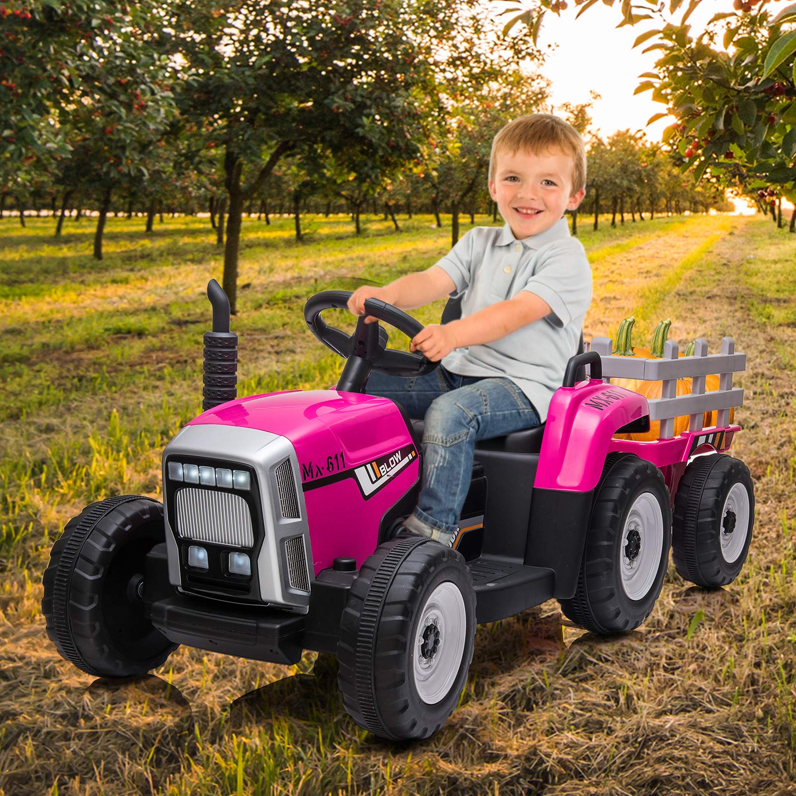 Garvee Ride - P Series: 12V Electric Tractor & Trailer for Kids, 3-6 Yrs - With RC - Rose / 25W